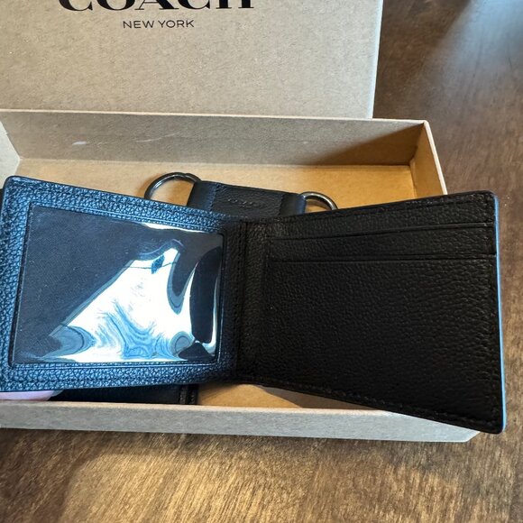 Coach Men's 3 in 1 Compact ID Leather Wallet With Key Fob F64118 Black with Box - Picture 3 of 4